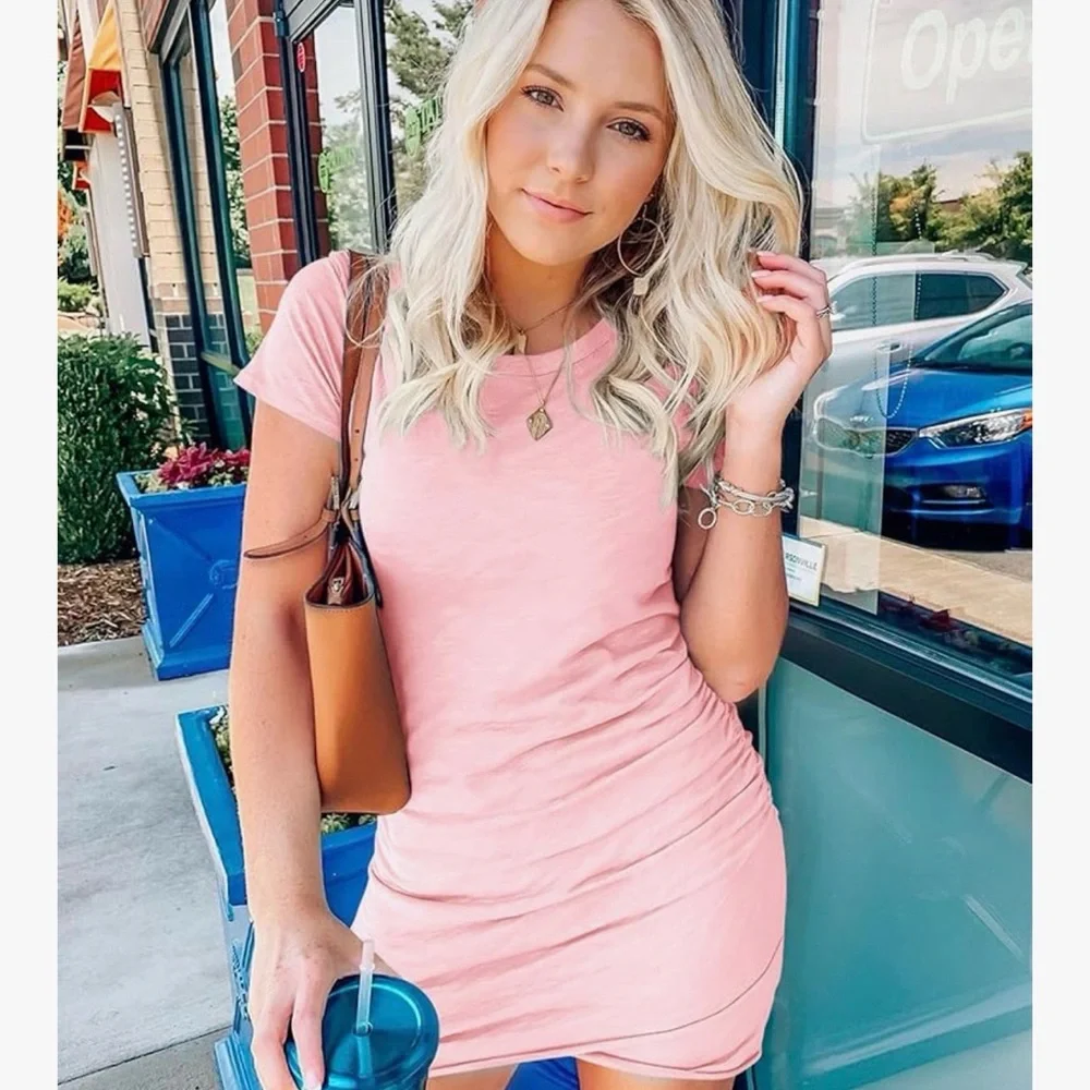 Blush Pink Ruched Bodycon Mini Dress Tulip Hem Short Sleeve Stretch - Picture 3 of 4